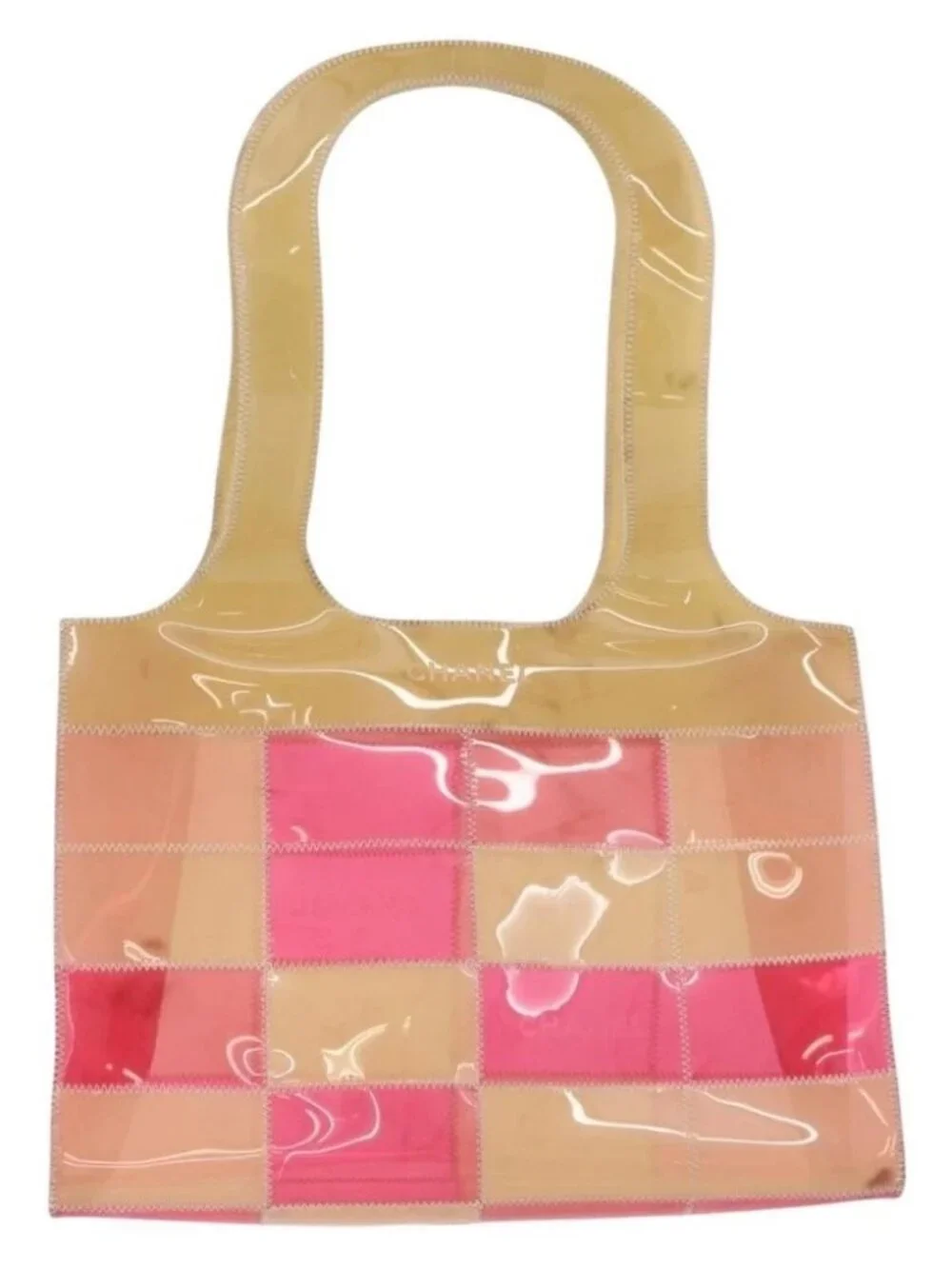 CHANEL Choco Bar Tote Bag Vinyl Beige CC Auth 178201